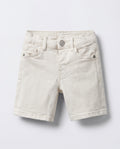 Full front view of  boys' off-white denim Bermuda shorts with 5-pocket design, silver rivet accents, and a clean straight-leg cut for toddlers.