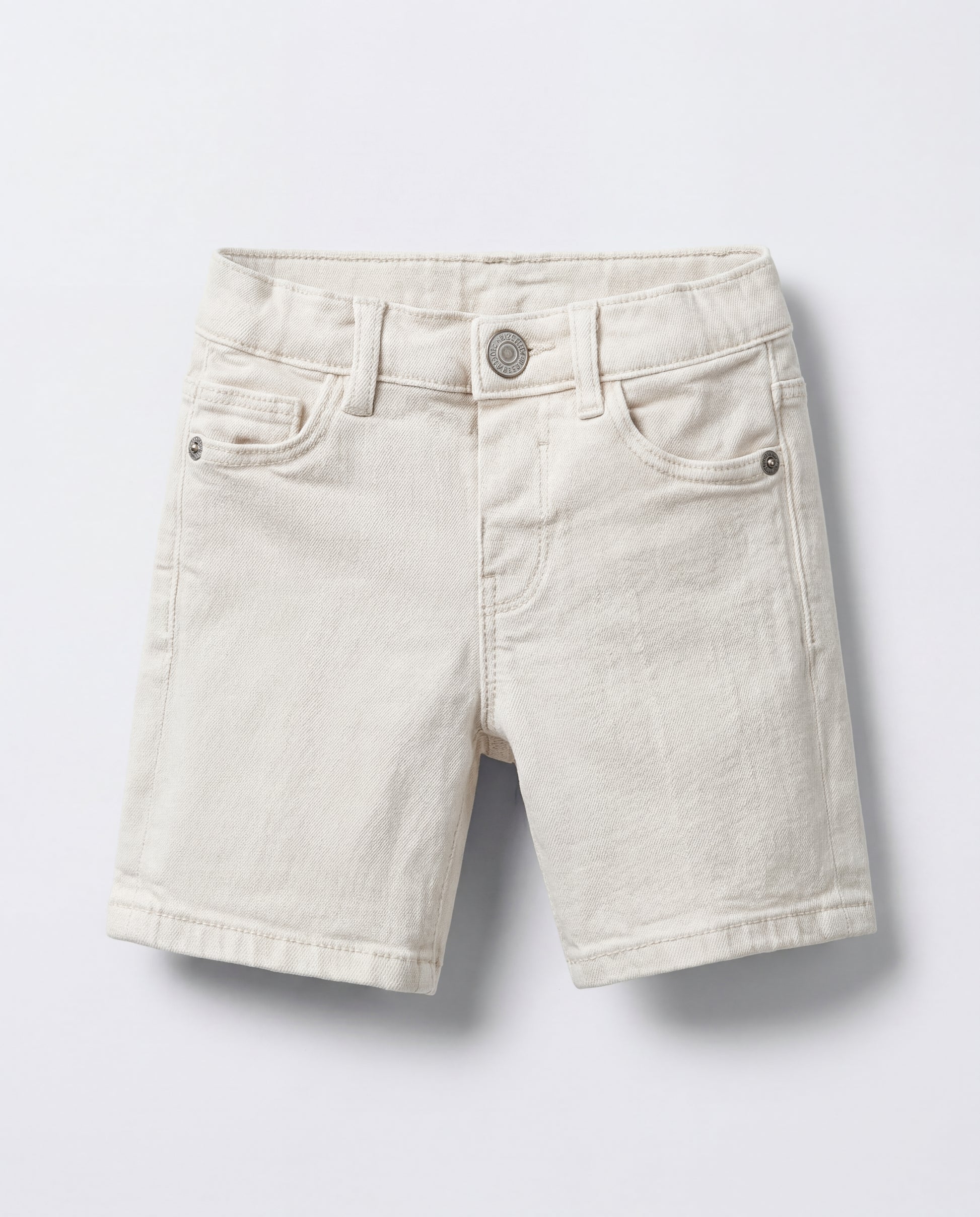 Full front view of  boys' off-white denim Bermuda shorts with 5-pocket design, silver rivet accents, and a clean straight-leg cut for toddlers.