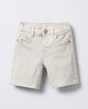 Full front view of  boys' off-white denim Bermuda shorts with 5-pocket design, silver rivet accents, and a clean straight-leg cut for toddlers.
