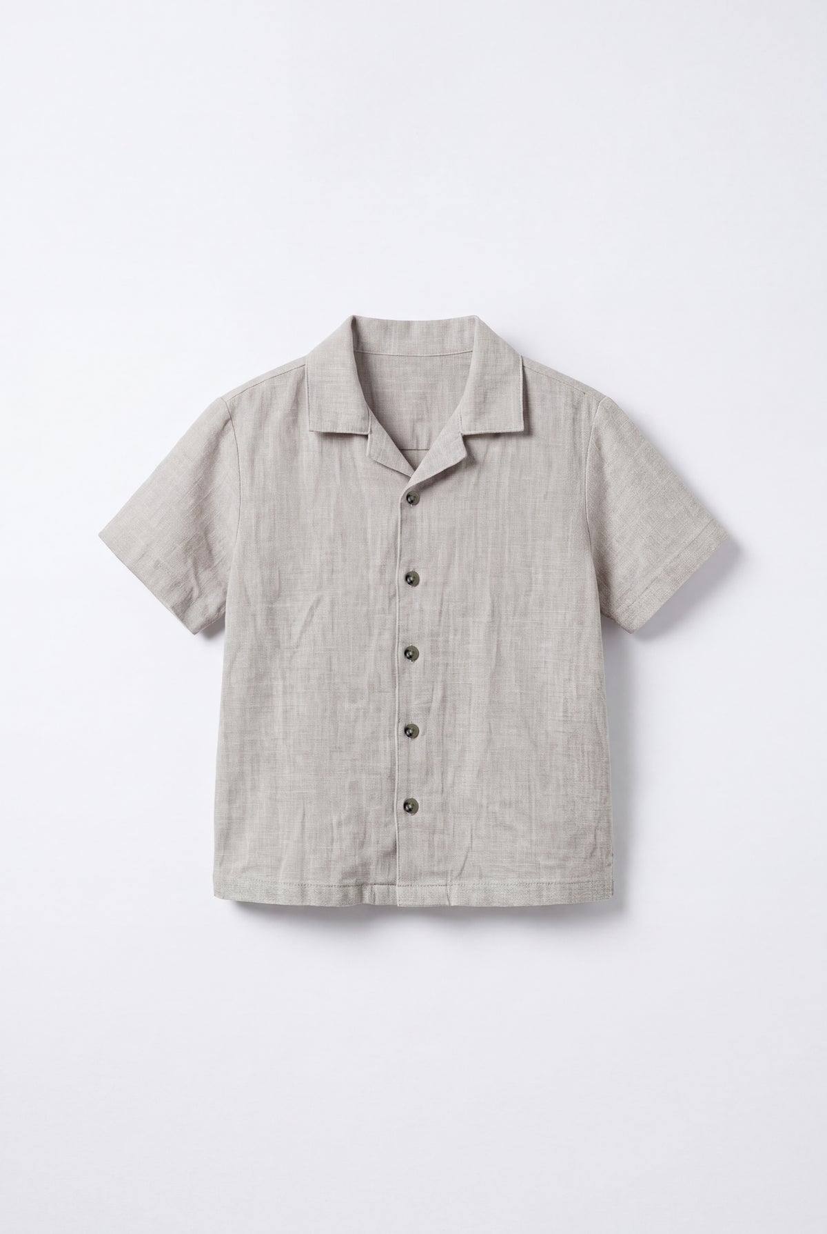 Boys beige linen blend short sleeve button-up shirt with camp collar and natural woven texture