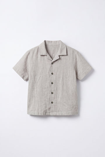 Boys beige linen blend short sleeve button-up shirt with camp collar and natural woven texture