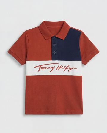 Boys Polo T-Shirt – Cotton, Colour Block, Rusty Orange