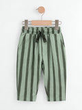 PTex Fashion sage and forest green striped kids' trousers on a wooden hanger