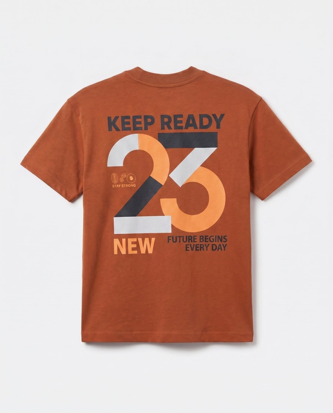 Front view of boys' rust orange crew neck cotton t-shirt with small "Keep Ready 23" chest logo and short sleeves