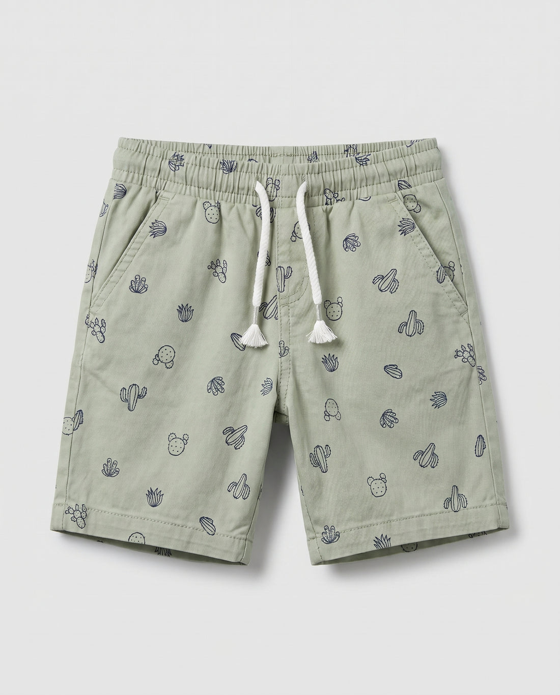 Boys' sage green pull-on twill shorts with all-over navy cactus print, drawstring waist and side pockets – PTex Fashion

