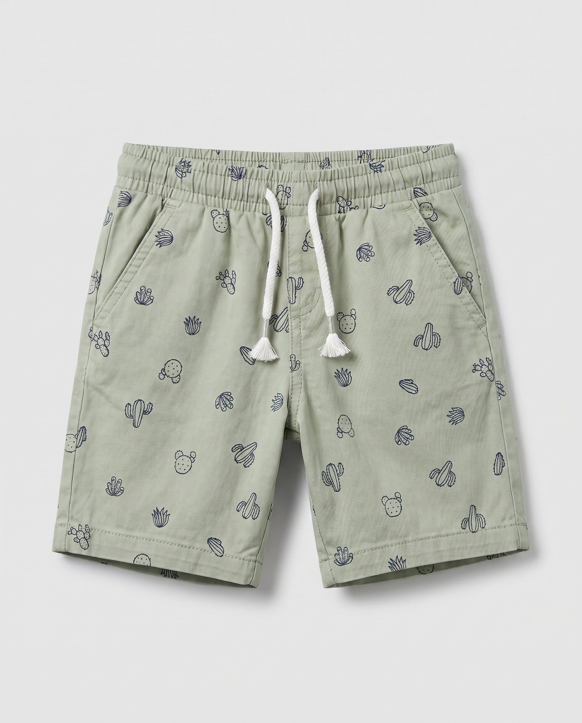 Boys' sage green pull-on twill shorts with all-over navy cactus print, drawstring waist and side pockets – PTex Fashion

