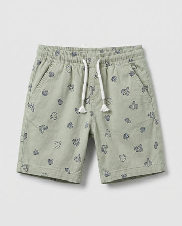 Boys' sage green pull-on twill shorts with all-over navy cactus print, drawstring waist and side pockets – PTex Fashion


