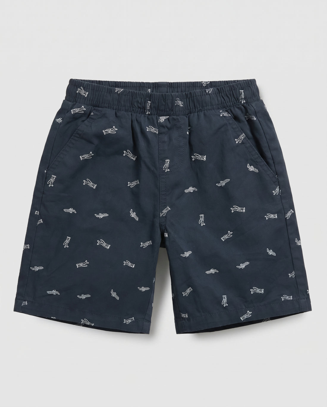 Boys' navy blue pull-on twill shorts with all-over white airplane print, elastic waistband and side pockets – PTex Fashion