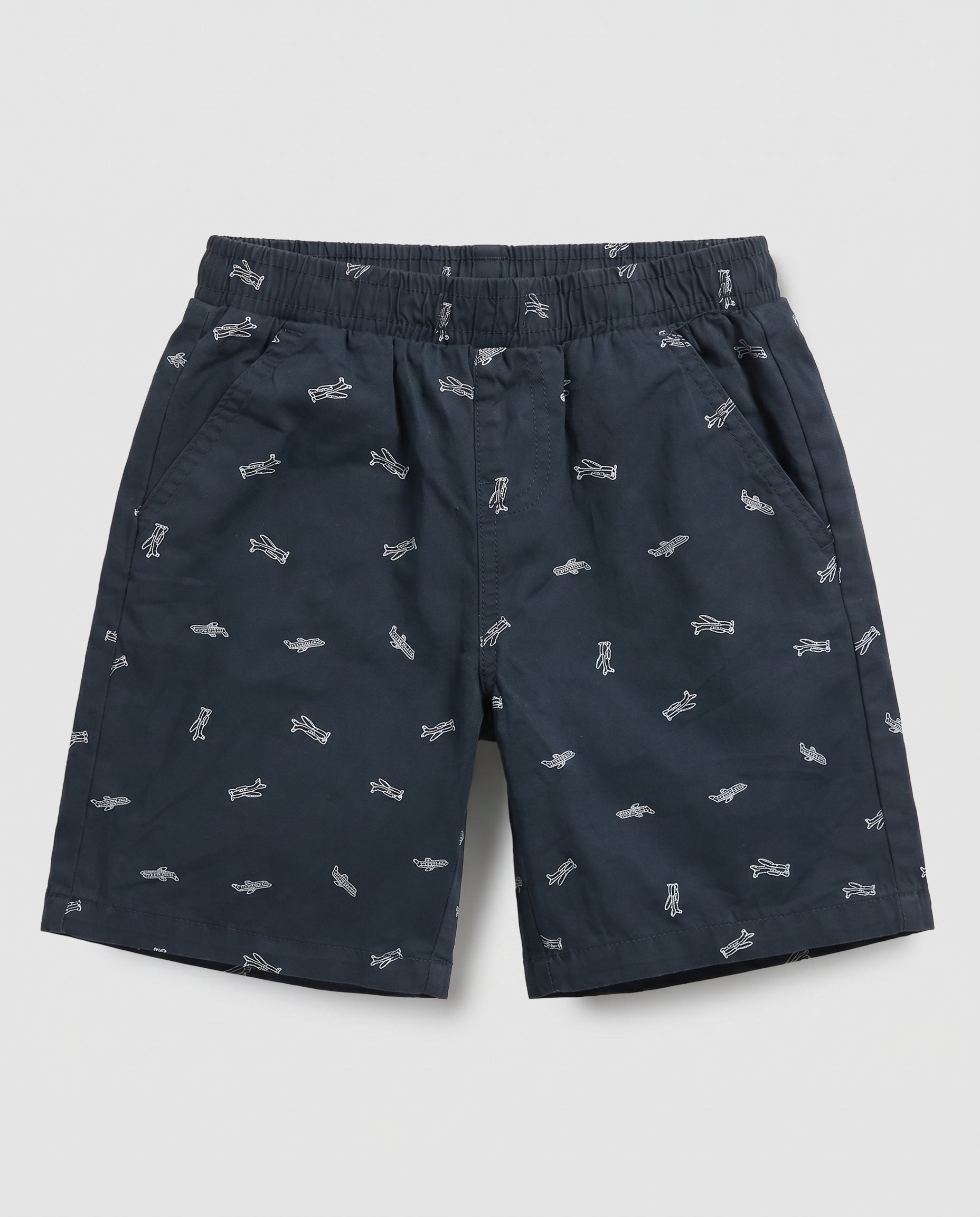 Boys' navy blue pull-on twill shorts with all-over white airplane print, elastic waistband and side pockets – PTex Fashion