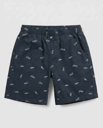 Boys' navy blue pull-on twill shorts with all-over white airplane print, elastic waistband and side pockets – PTex Fashion