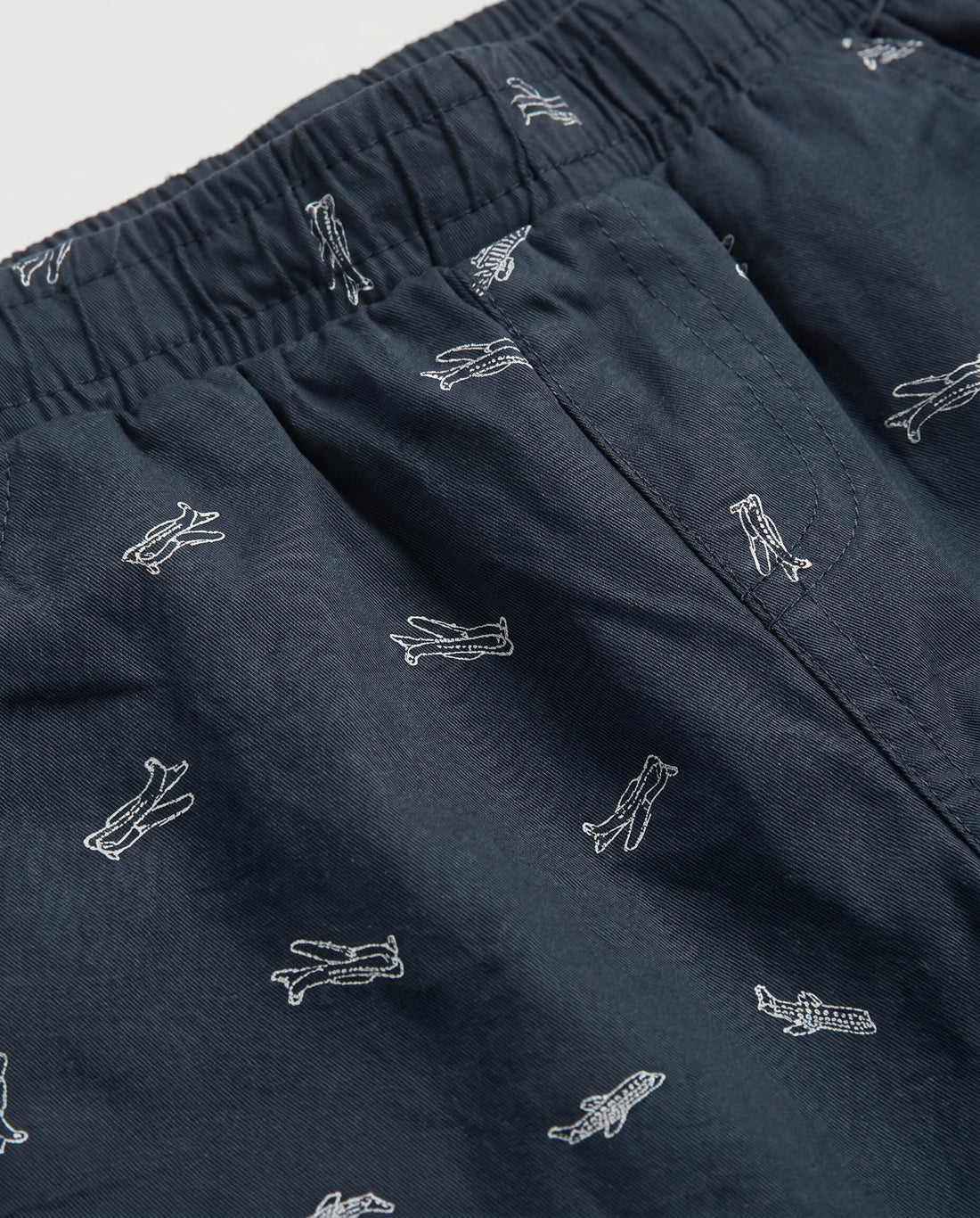Boys' navy blue pull-on twill shorts with all-over white airplane print, elastic waistband and side pockets – PTex Fashion
