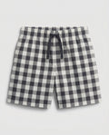 Boys' woven cotton pull-on short pant in navy and off-white block check with adjustable drawstring waist, flat lay product photo