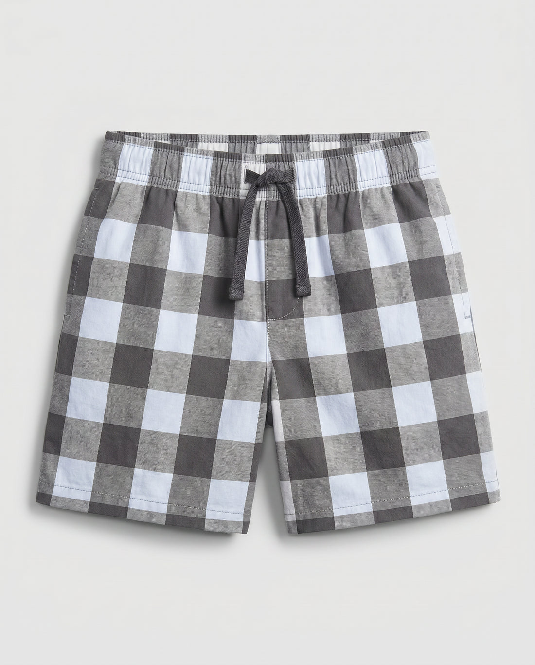 Boys' woven cotton pull-on short pant in grey and white block check with adjustable drawstring waist, flat lay product photo