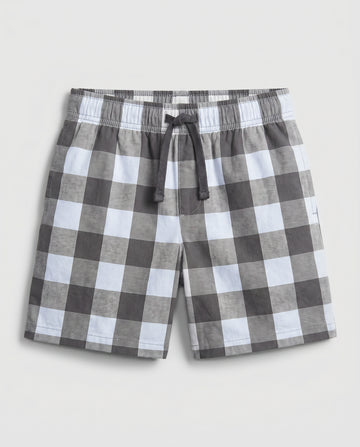  Boys' woven cotton pull-on short pant in grey and white block check with adjustable drawstring waist, flat lay product photo
