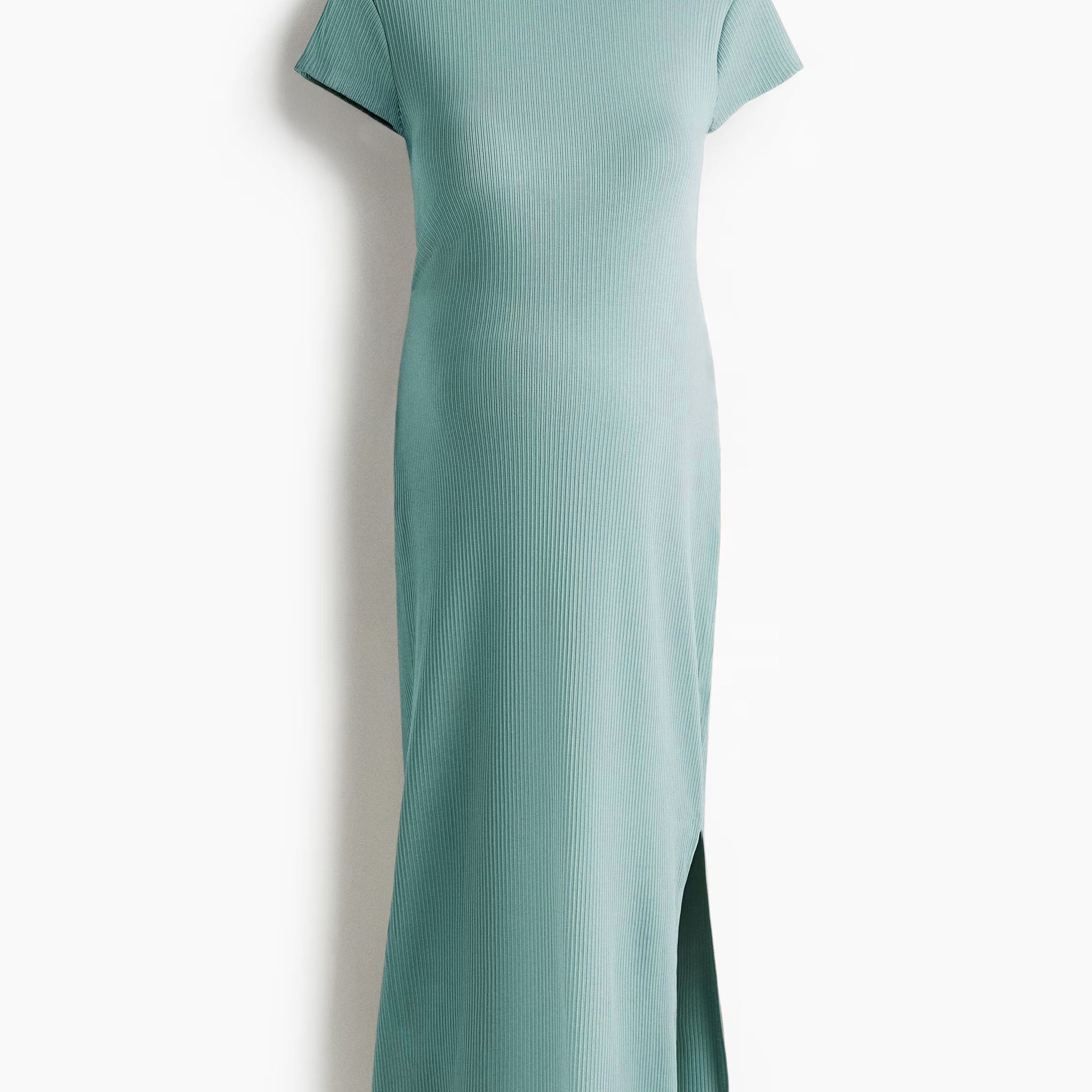 Dark mint midi dress with a front slit on a white background