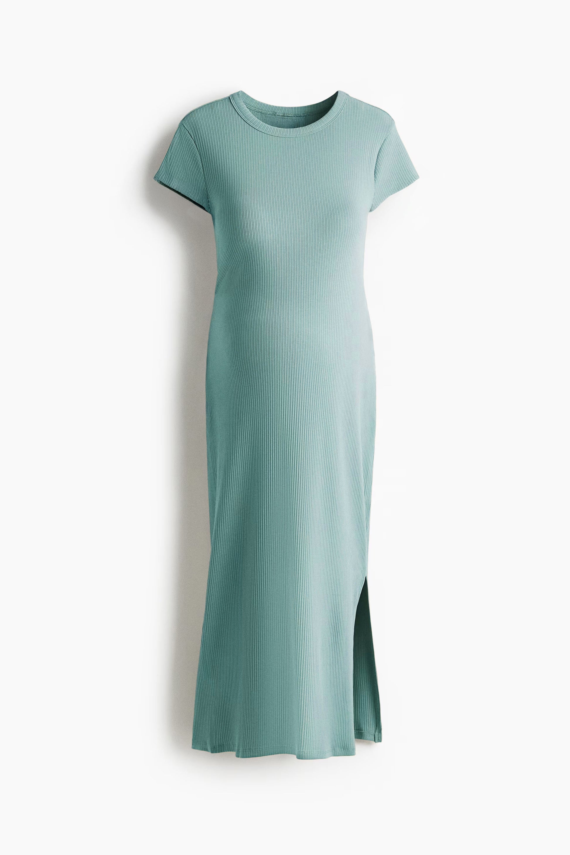 Dark mint midi dress with a front slit on a white background