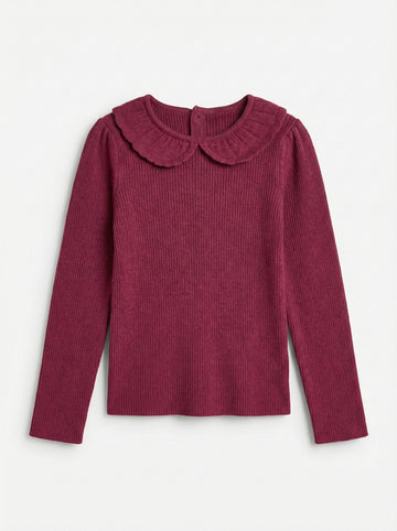 Toddler Girls’ Ribbed Knit Long Sleeve Top with Peter Pan Collar – Maroon