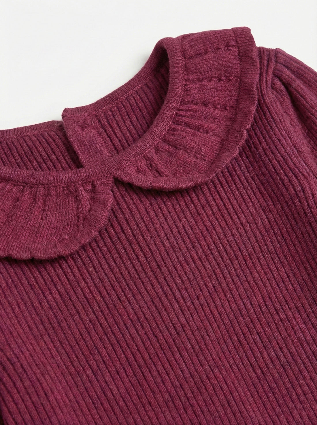 Toddler Girls’ Ribbed Knit Long Sleeve Top with Peter Pan Collar – Maroon
