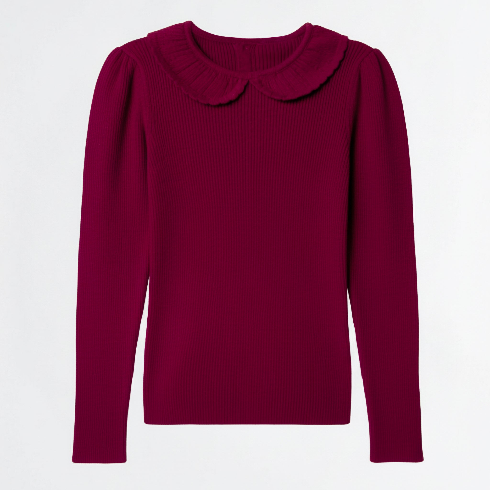 Toddler Girls’ Ribbed Knit Long Sleeve Top with Peter Pan Collar – Maroon