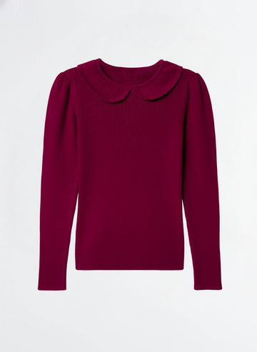 Toddler Girls’ Ribbed Knit Long Sleeve Top with Peter Pan Collar – Maroon