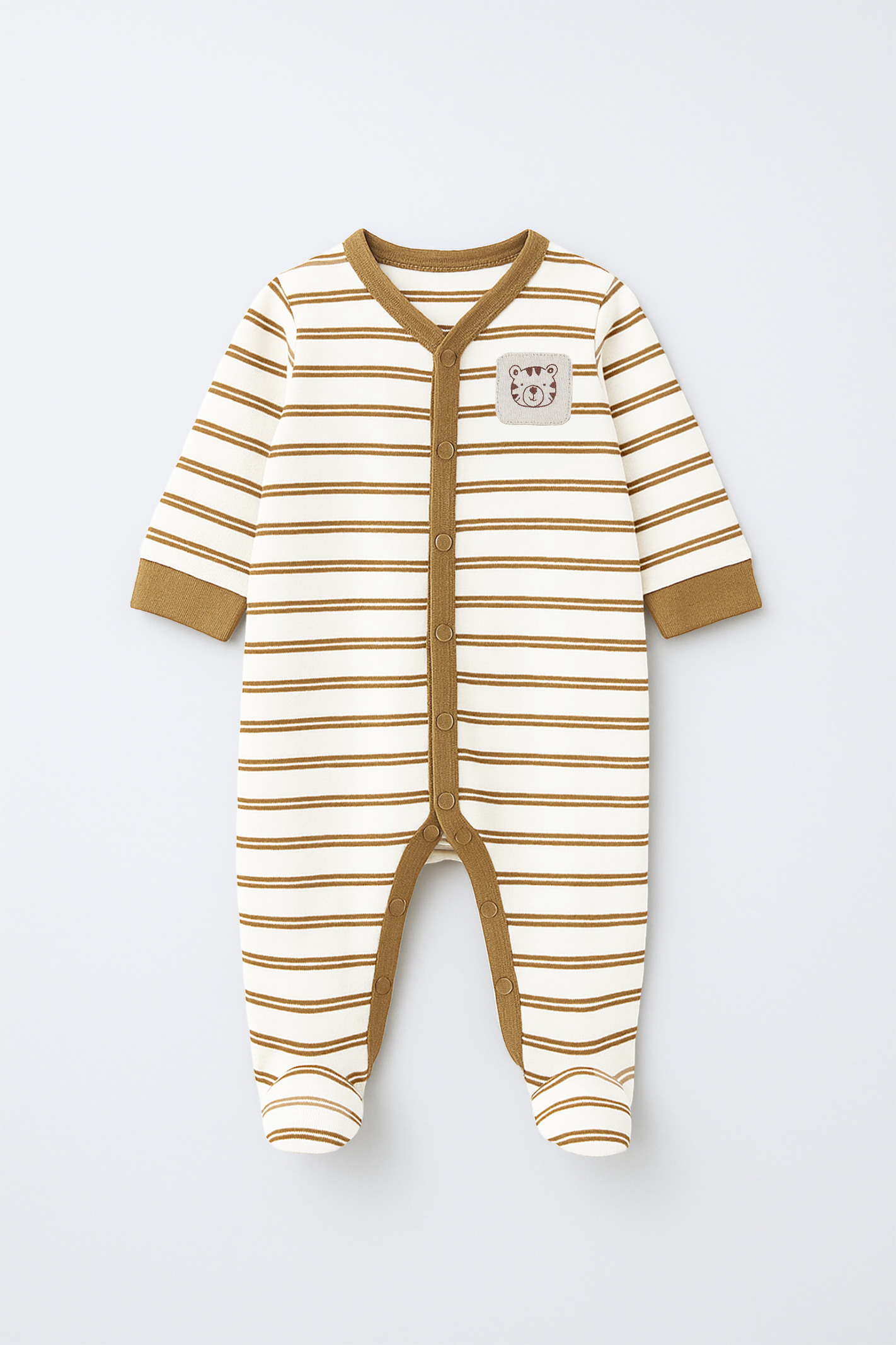 Striped baby onesie with a small patch on a white background