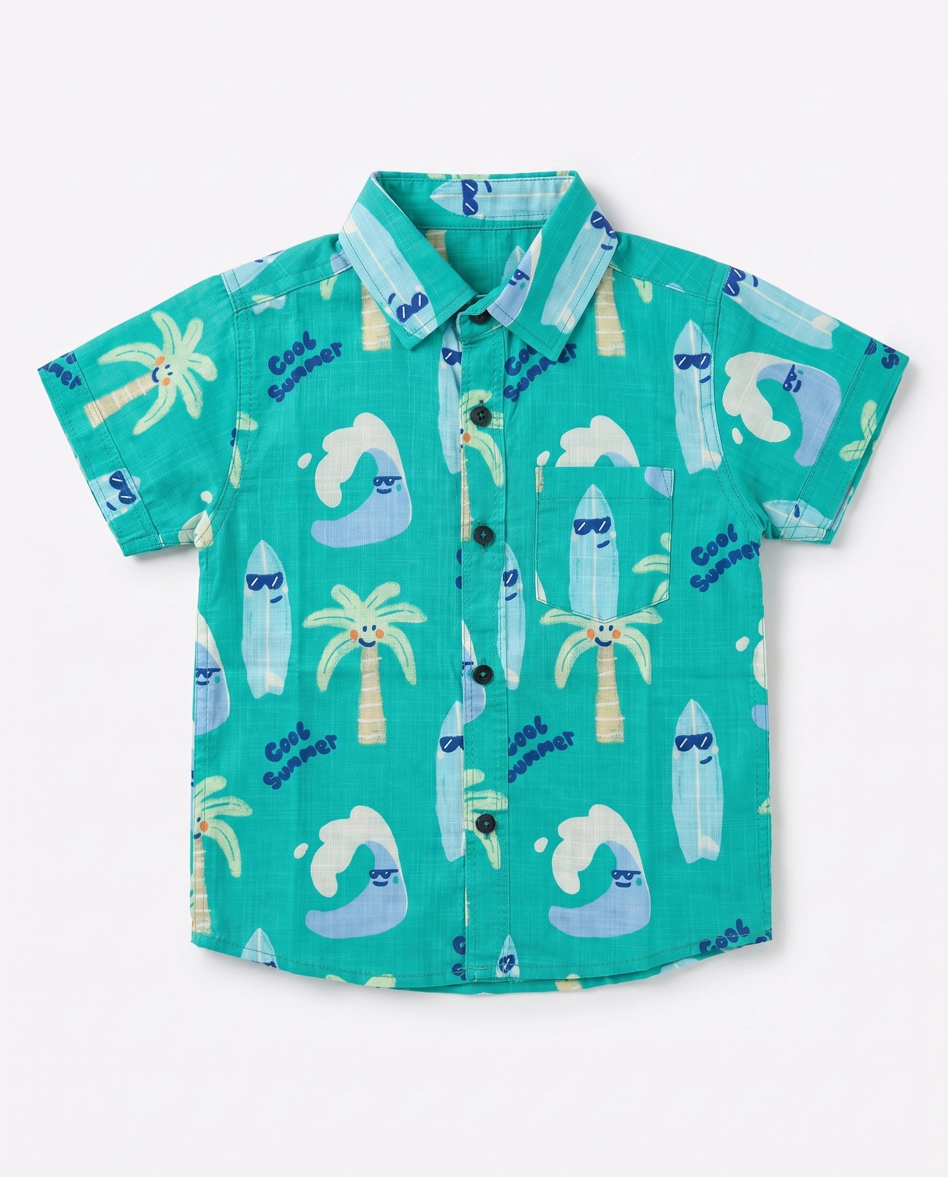 Flat lay of a PTex Fashion green remi cotton shirt for boys with palm tree and surfboard print
