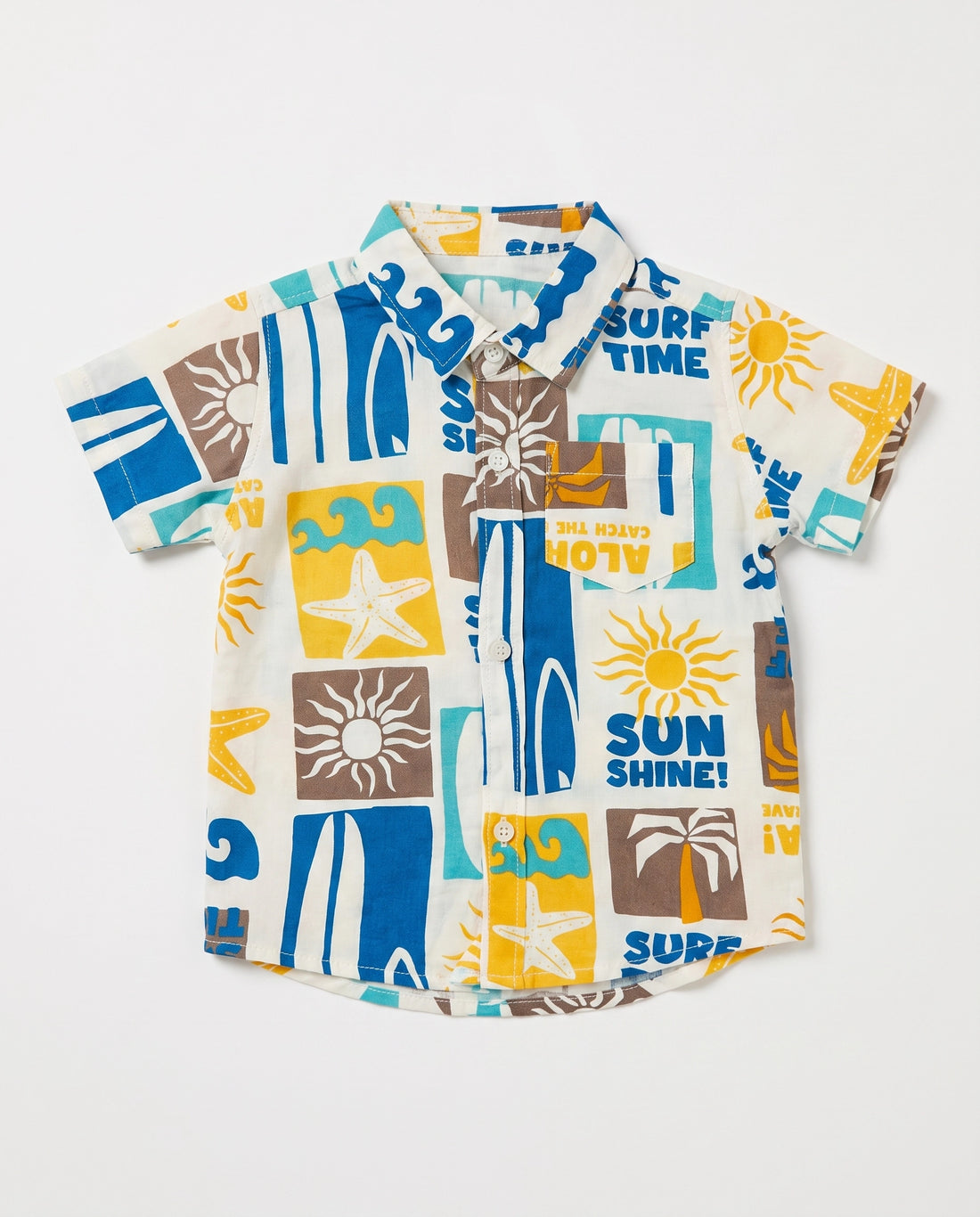 Flat lay of a PTex Fashion off-white boys' shirt with retro surf and sunshine print