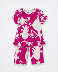 PTex Fashion girls' 2-piece linen co-ord set in magenta and cream ikat print, top and pants flat-lay