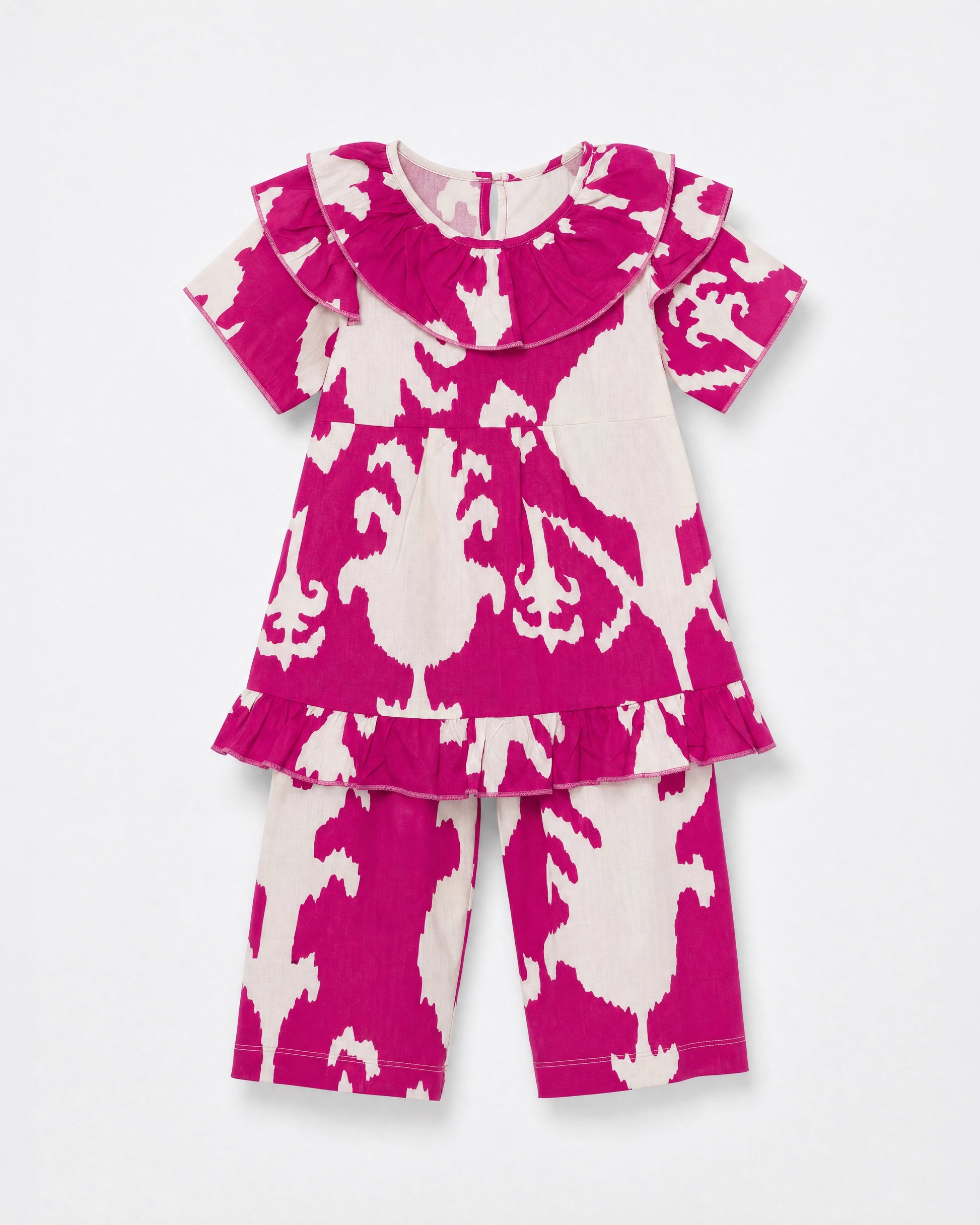 PTex Fashion girls' 2-piece linen co-ord set in magenta and cream ikat print, top and pants flat-lay