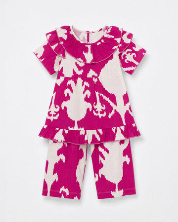 PTex Fashion girls' 2-piece linen co-ord set in magenta and cream ikat print, top and pants flat-lay