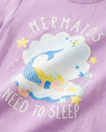 Close-up of sleepy mermaid, crab, starfish and seashell glitter print on purple girls' cotton tee