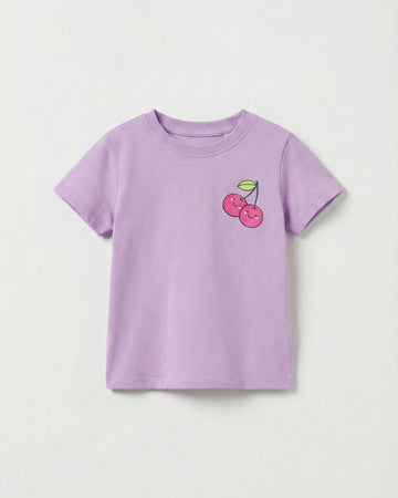 Toddler Girl's Half Sleeve Cotton T-Shirt  in purple color with a cherry print