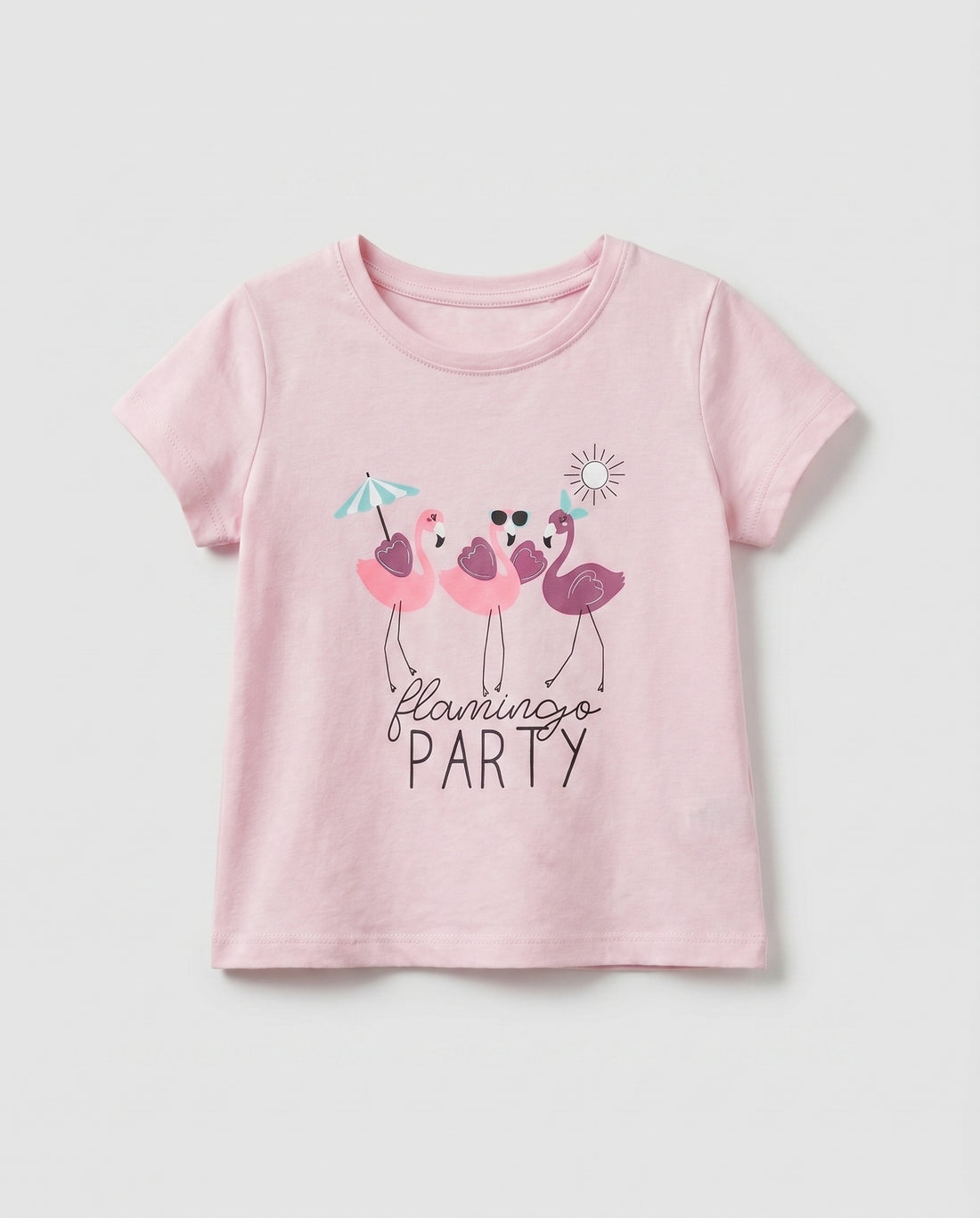 Girls' pink short sleeve cotton t-shirt with three playful flamingos and Flamingo Party print