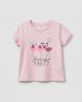 Girls' pink short sleeve cotton t-shirt with three playful flamingos and Flamingo Party print