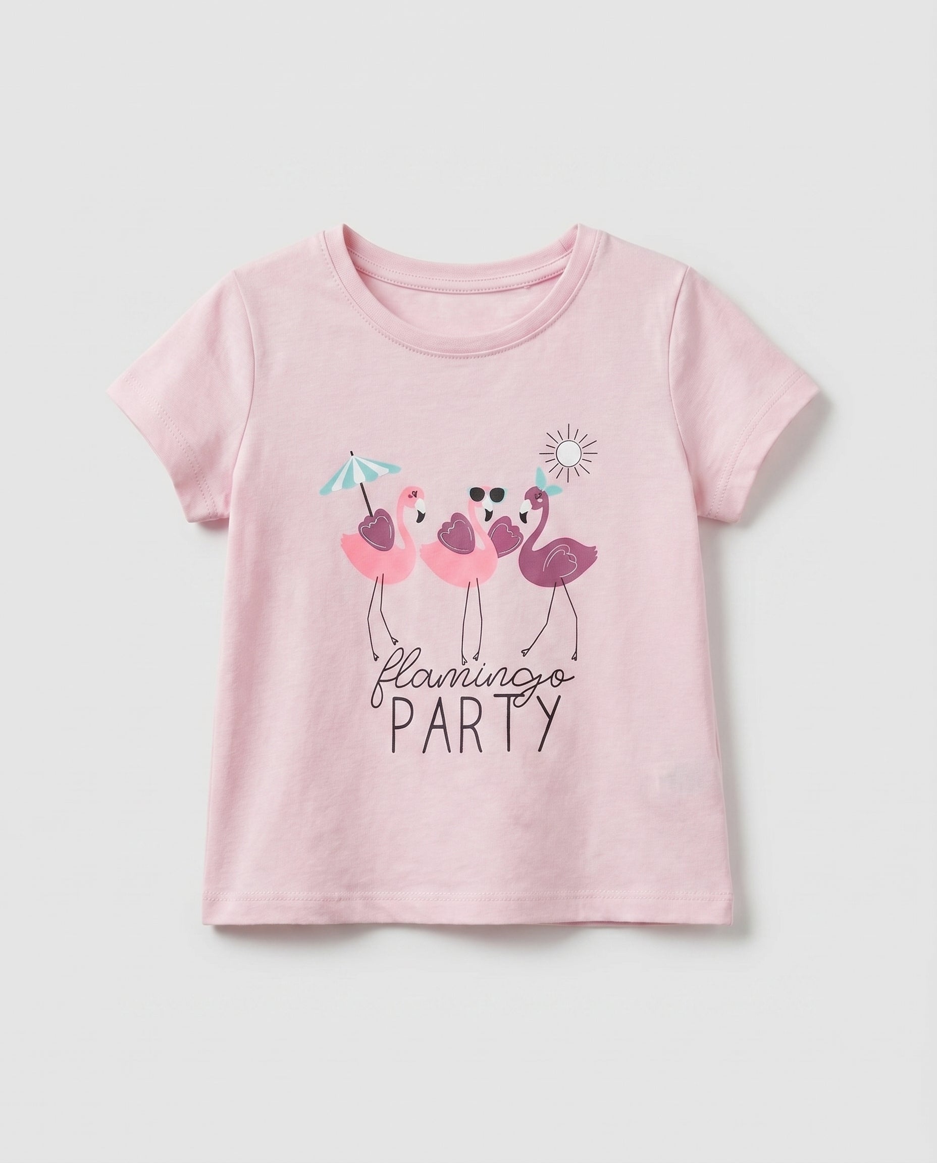 Girls' pink short sleeve cotton t-shirt with three playful flamingos and Flamingo Party print