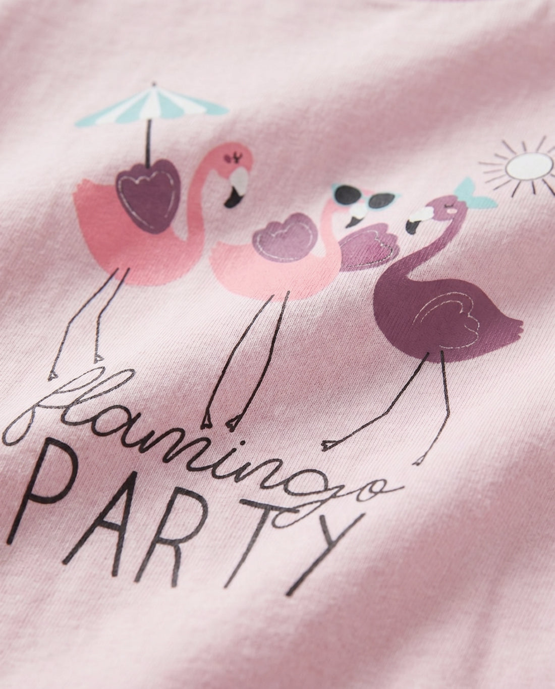 Girls' pink short sleeve cotton t-shirt with three playful flamingos and Flamingo Party print