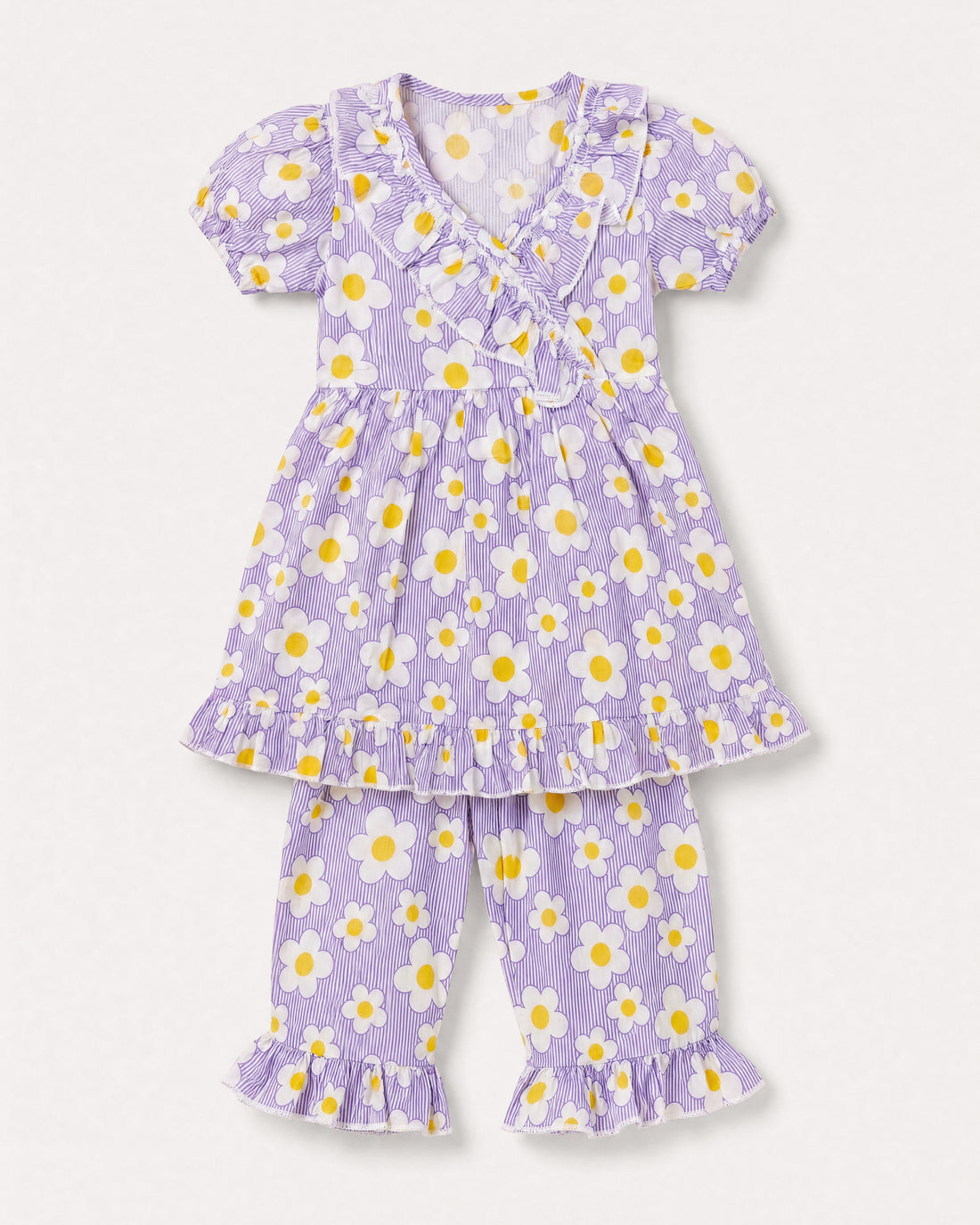 PTex Fashion girls' 2-piece cotton set — ruffled wrap top and matching trousers in lilac daisy print, flat lay