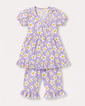 PTex Fashion girls' 2-piece cotton set — ruffled wrap top and matching trousers in lilac daisy print, flat lay