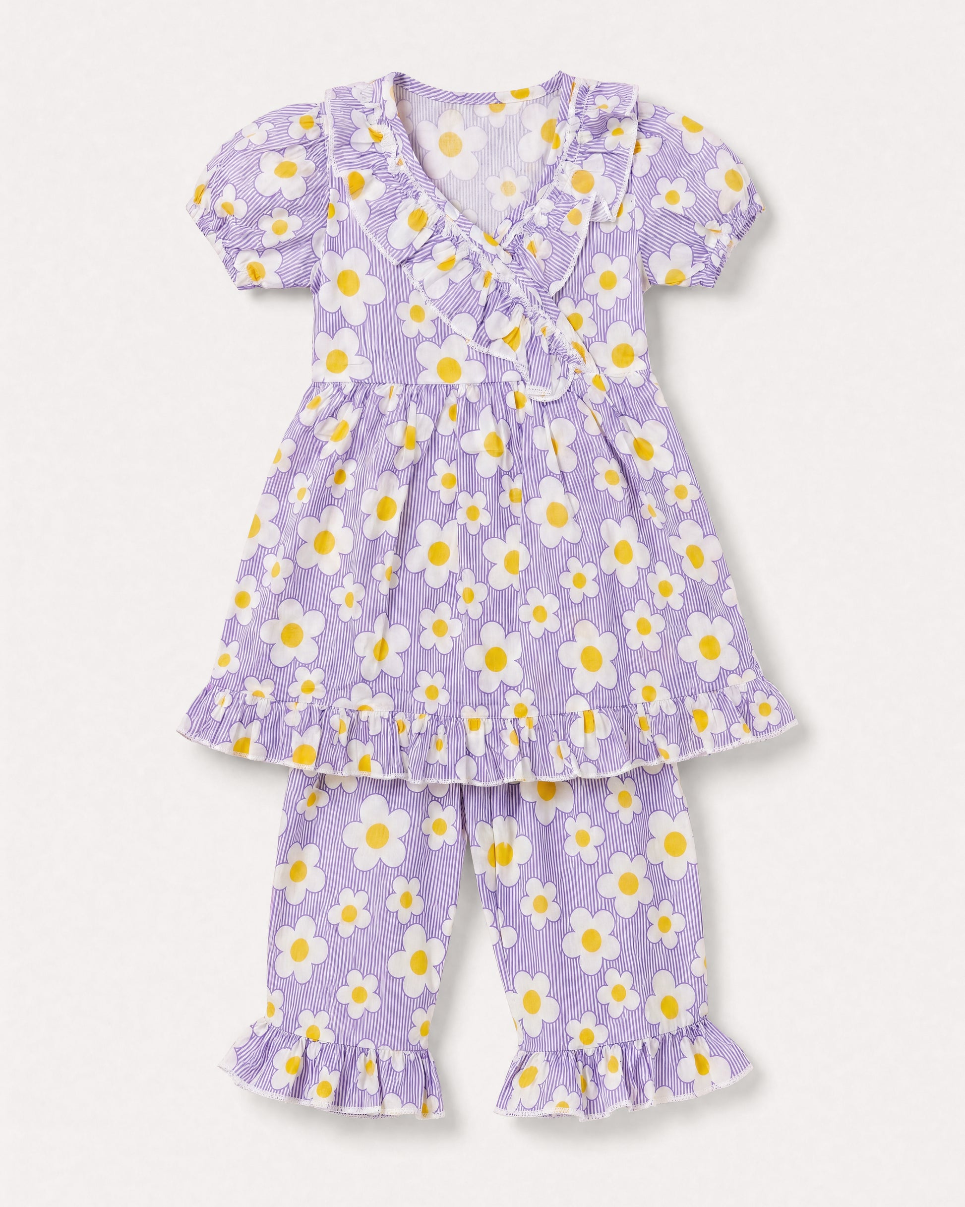 PTex Fashion girls' 2-piece cotton set — ruffled wrap top and matching trousers in lilac daisy print, flat lay