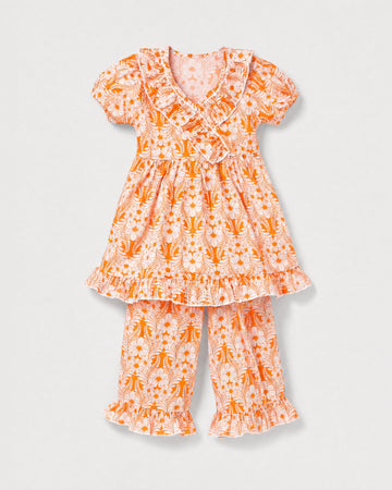 Girls' 2-Piece Cotton Co-ord Set — Orange Floral Print