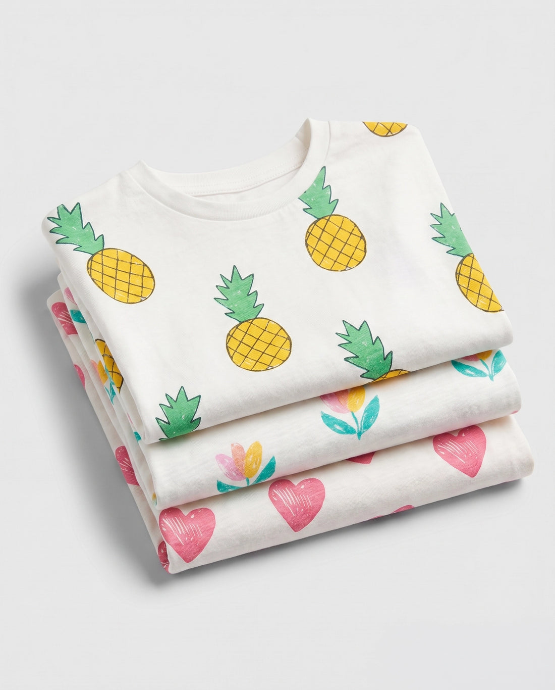 Girls' 3-Pack Short-Sleeve T-Shirt Set — Tulip, Heart & Pineapple Print