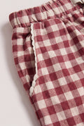 Pocket close-up: PTex Fashion gingham trousers close-up of scalloped pocket trim and twill cotton texture