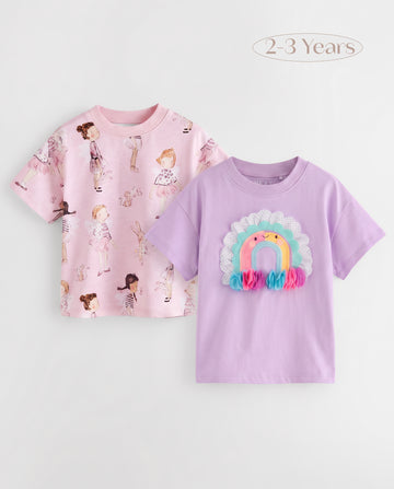 Girls 2-Pack T-Shirt Set — Pink Fairy Print & Lilac 3d Rainbow
