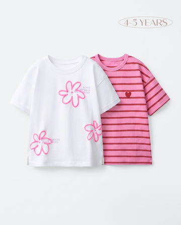 Girls' 2-Pack T-Shirt Set — Floral Puff-Print & Stripe Tee