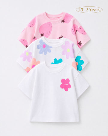 Girls' 3-Pack Floral & Strawberry Drop Shoulder T-Shirt Set