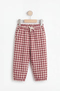 Hanger flat shot: PTex Fashion girls' berry and cream gingham cotton pull-on trousers with cuffed hem