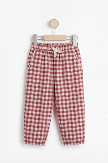 Hanger flat shot: PTex Fashion girls' berry and cream gingham cotton pull-on trousers with cuffed hem