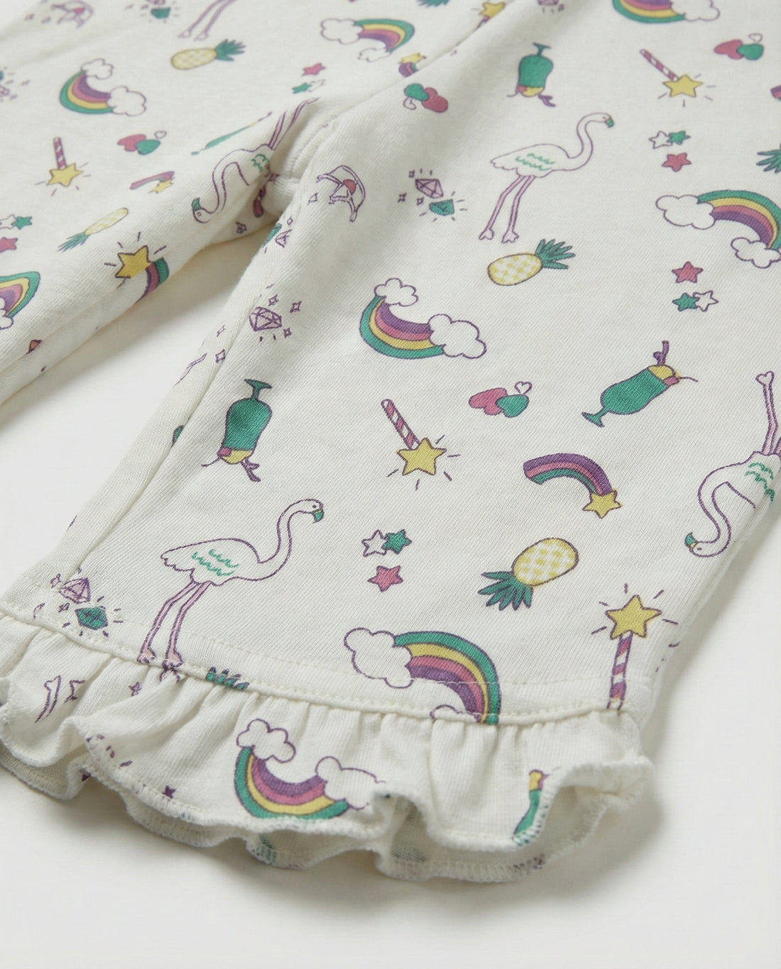 Girls Soft Cotton 3/4 Leggings - Off White Flamingo & Rainbow