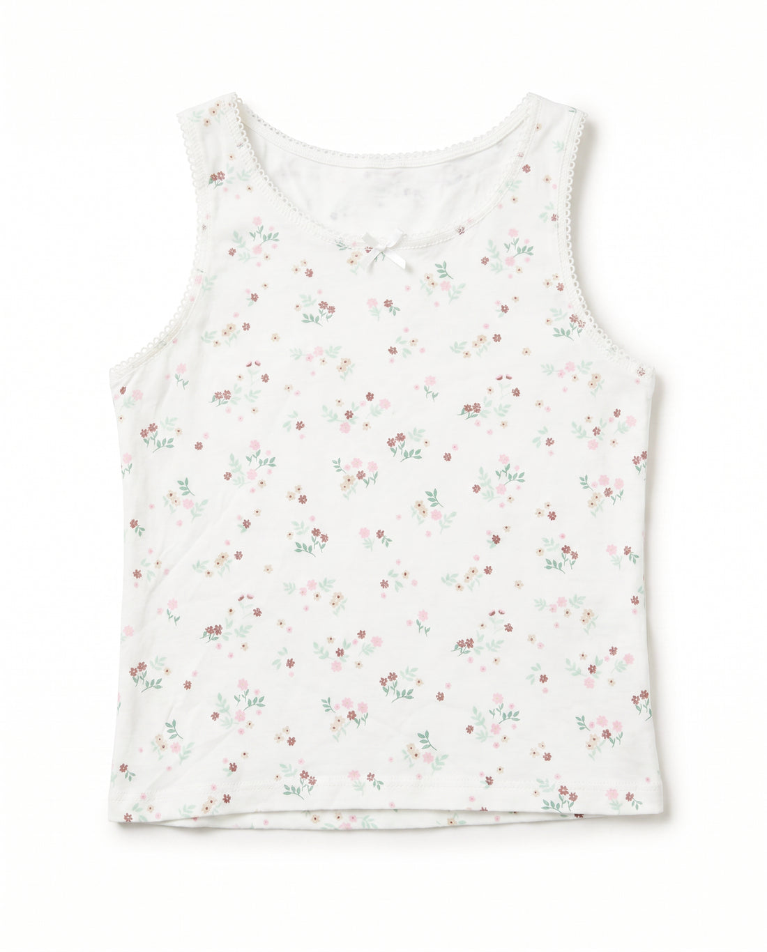 Girls white ditsy floral sleeveless tank top with lace trim neckline and satin bow, flat lay product photo