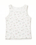 Girls white ditsy floral sleeveless tank top with lace trim neckline and satin bow, flat lay product photo